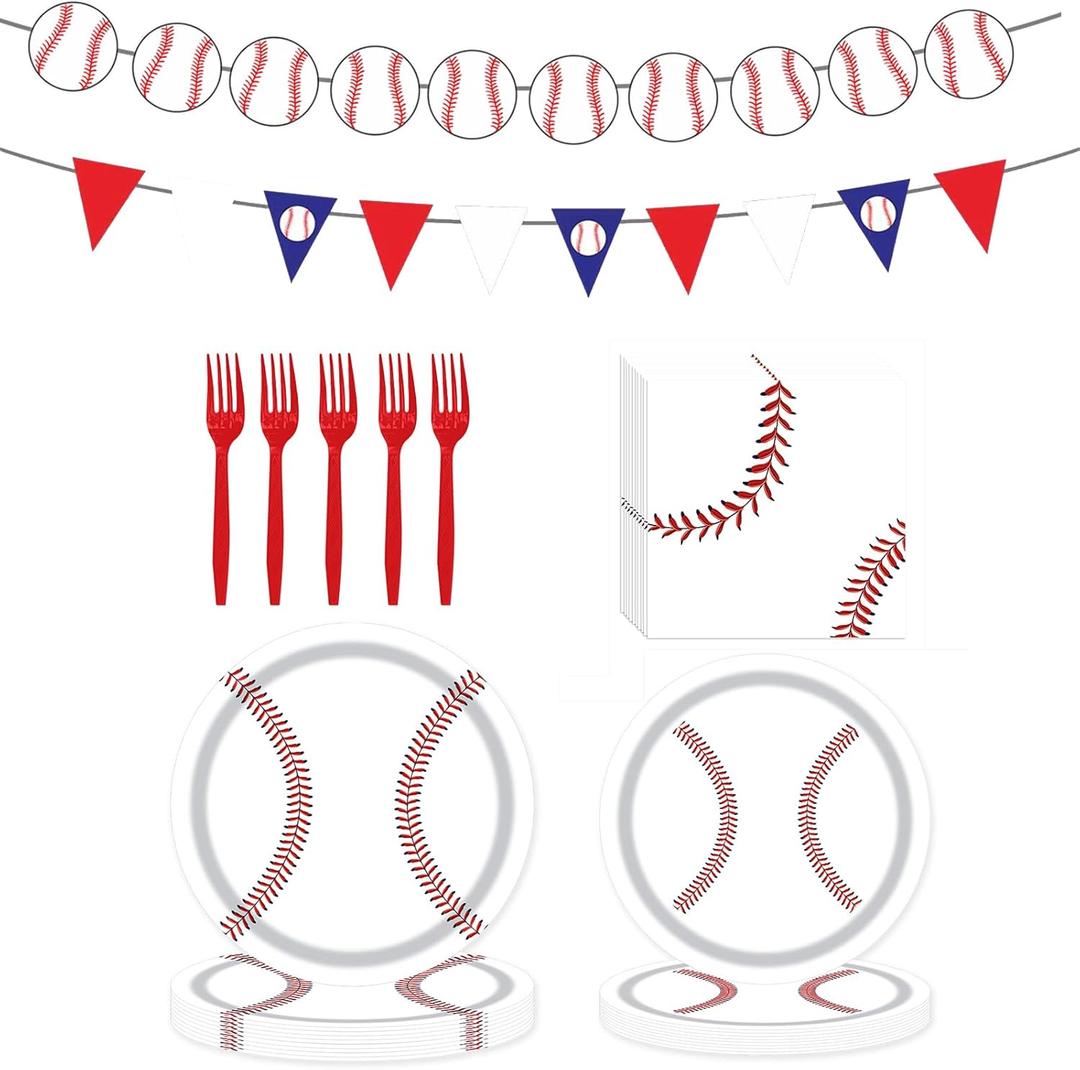 98 PCS Baseball Party Decorations, 96 PCS Baseball Plates and Napkins + 2PCS Party Banners, Disposable Tableware for 24 People