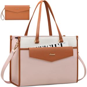 LOVEVOOK Laptop Bag for Women, 15.6'' Laptop Tote Purse 2-in-1 Professional Work Bag Business Briefcase with Clutch Purse, Waterproof Leather Computer Handbag for Teacher Office Travel (Beige-coffee-pink)