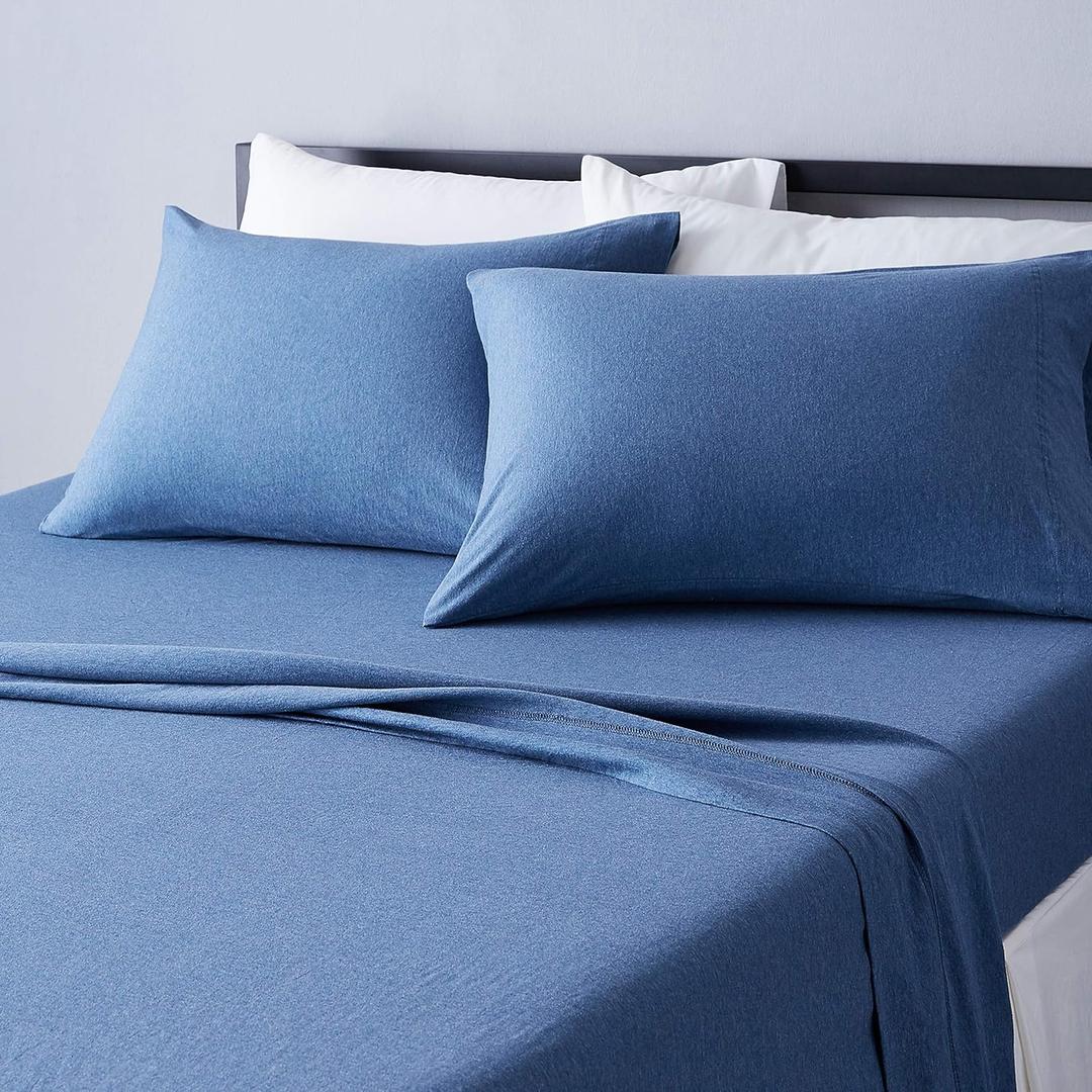 Cotton Jersey 4-Piece Bed Sheet Set, King, Chambray Blue, Solid