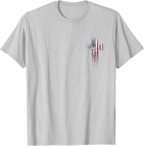 American USA Flag Christian Cross T-Shirt Silver Gray Large