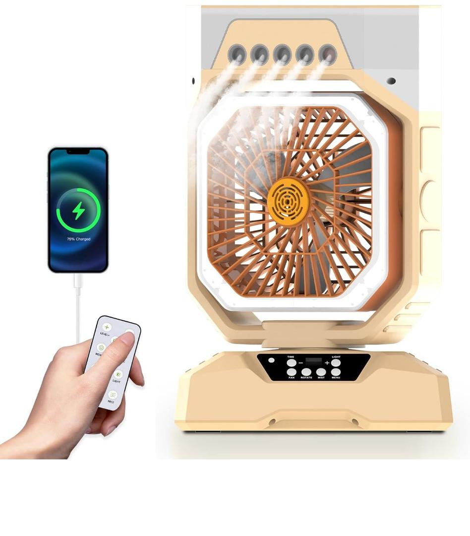 Weljoy Desk Fan 5 Sprayers Rechargeable Misting Fan for Camping & Home – 5 Speed Portable Cooling Fan with Mist 560ml Water Tank Aromatherapy Diffuser Timer 27000mAh Fast-Charging Battery(Biege)
