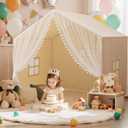 Large Kids Play Tent, 55.1in Length, Fits 3-4 Children,Indoor Playhouse for Kids, with Padded Mat and Lights, Bed Tent for Toddler, Birthday for Boys Girls (Beige)