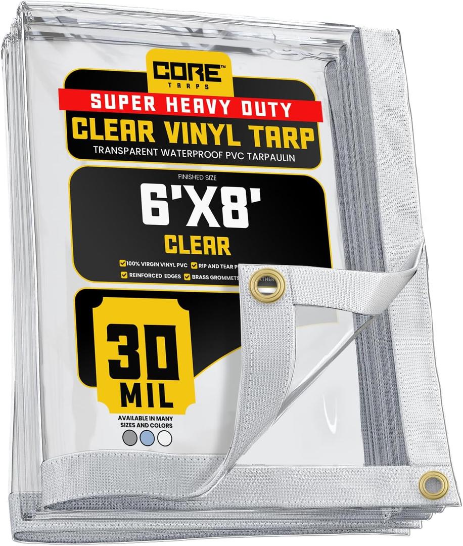 Core Tarps 30 Mil Extreme Heavy Duty Clear Tarp with Gromments - 6x8ft Super Clear Tarps Heavy Duty Waterproof Vinyl Tarpaulin, Transparent Tarp for Outdoor, Camping & Construction