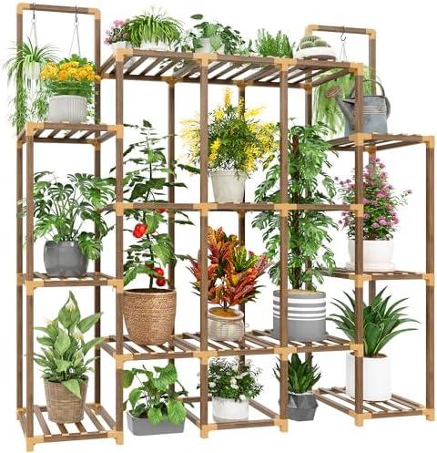 EnHomee Plant Stand Indoor for Multiple Plants Stand Outdoor with 18-22 Potted Double Rod for Hanging Plant Shelf 570 LBS Wood Plants Shelves 56''W×11.6''D×47''H