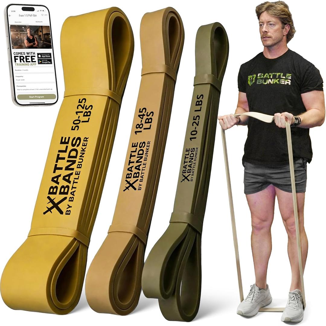 Battle Bunker Premium Resistance Bands - Natural Exercise Bands for Strength Training, Pull-Ups & Recovery - Fitness Band for Home, Gym & Mobility Workouts- Crush Your Goals Anytime- 3-Pack- 10-125lbs (Military)