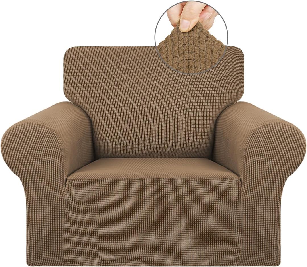 KEKUOU Stretch Single Sofa Slipcover 1 Piece Couch Sofa Cover (31"-55") Furniture Protector 1 Seater Sofa with Elastic Bottom for Kids,Pet.Jacquard Small Checked Pattern Fabric(Small,Camel)