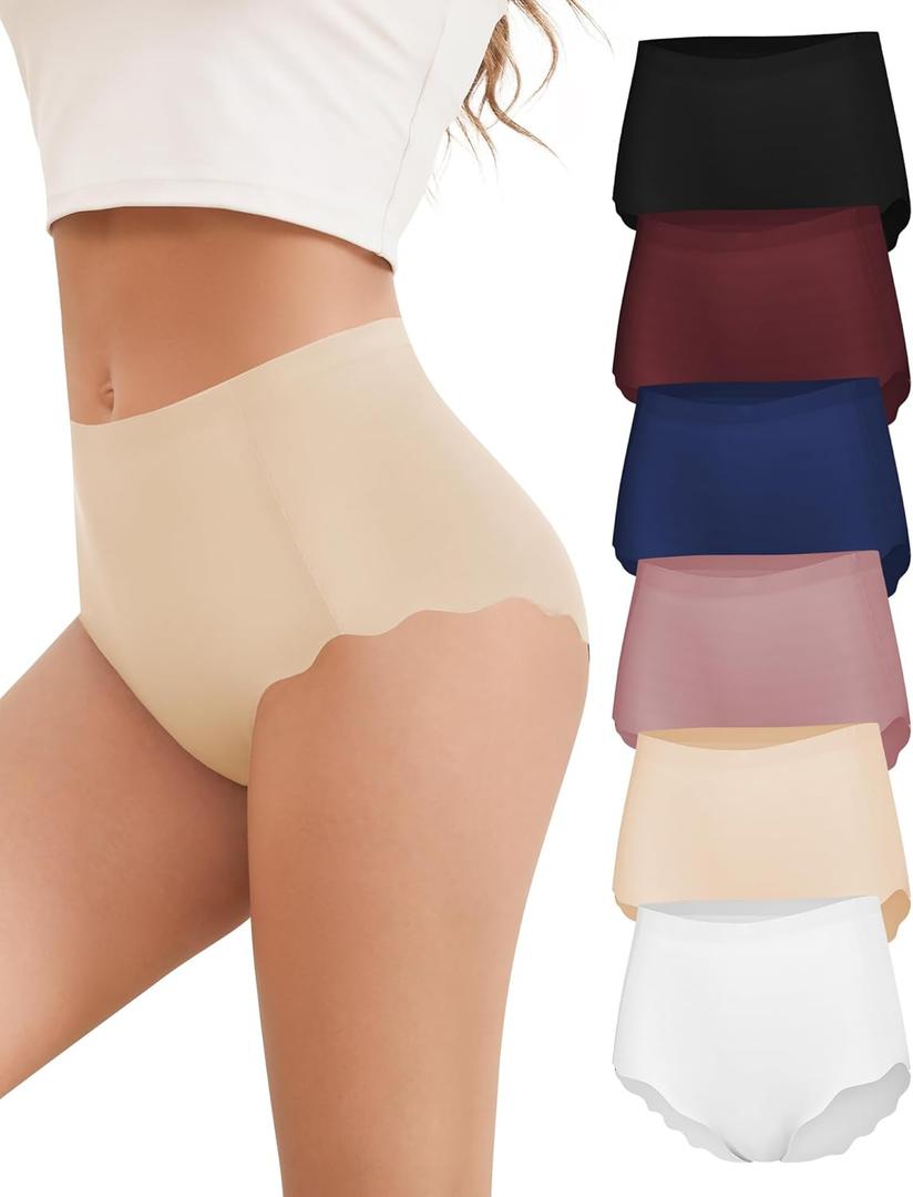 Cevapro Womens Underwear Seamless High Waisted Briefs No Show Full Coverage Wave Edge Ladies Panties 6 Pack, Large