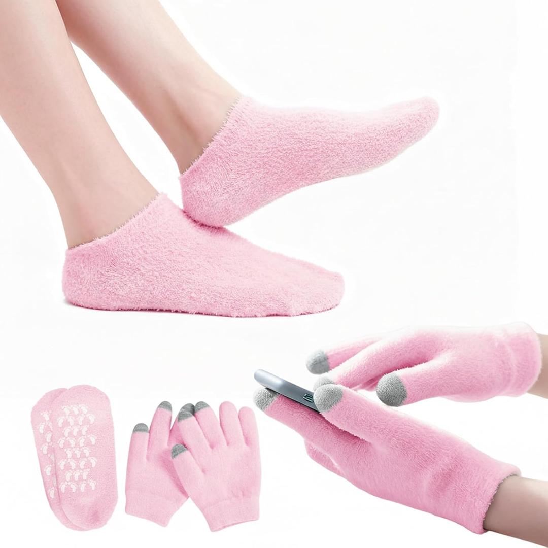Touchscreen Moisturizing Gloves and Socks, Gel Spa Moisturizing Therapy Sock Glove, Overnight Gloves for Dry Hands, Repair and Soften Aging, Hand and Feet Care for Chapped and Dry Skin (Pink)