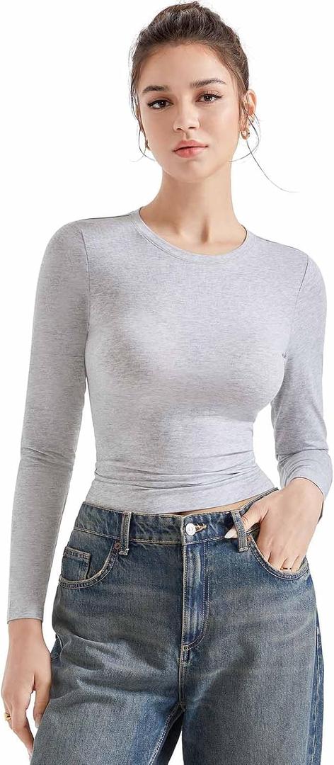 SUUKSESS Women Crew Neck Fitted T Shirts Cotton Jersey Basic Long Sleeve Tops (Gray)