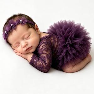 Newborn Photography Outfits Girl, Newborn Baby Girl Photoshoot Outfits, Lace TUTU Romper with Headband for 0-1 Months (purple)
