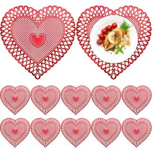 Yungyan 12 Sets Valentine's Day Heart Placemats 15'' Red Vinyl Pressed Metallic Table Mats Romantic Table Decorations Place Mats for Couples Dinner Wedding Anniversary Party(Red, Hollow Heart)