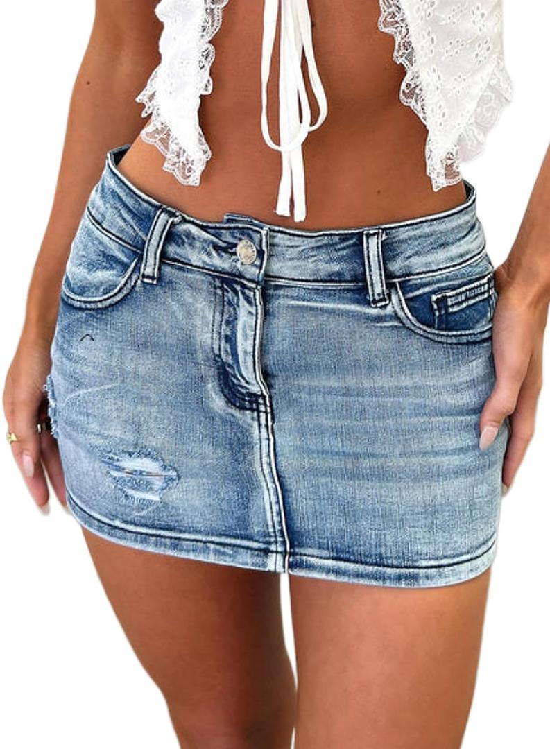 Women's Stretch Denim Bodycon Mini Skirt (Blue, S)