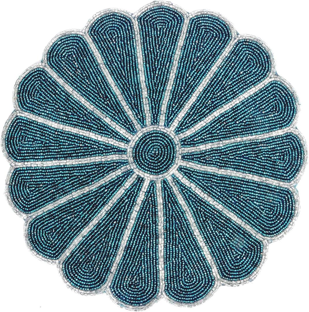 Beaded Placemats Round 13" Hand-Beaded Placemats, Farmhouse Weave Place Mats, Rustic Braided Wicker Table Mats for Dining Table, Home, Wedding Single Pack (Teal Silver) - ALPHA Living HOME