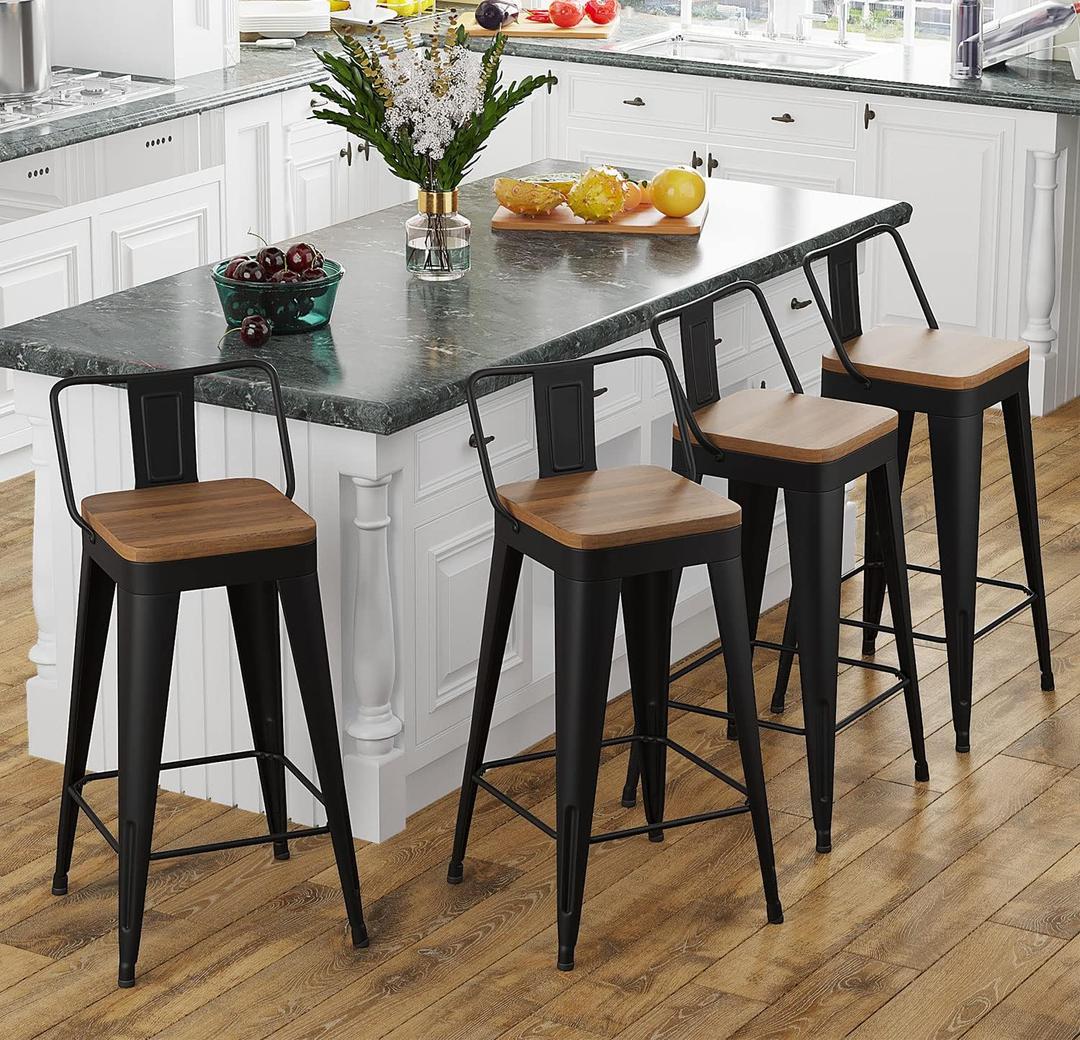 Bar Stools Set of 4 Metal Bar Stool Counter Height Bar Stools Black, Modern 24" Bar Chairs with Back and Wooden Seat Bar Stool Counter Height