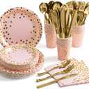 HOMIX Pink and Gold Party Supplies, Disposable 175Pcs Gold Dots on Pink Paper Plates Cups and Napkins, Gold Plastic Knives Spoons Forks for Baby Shower Wedding Party Bridal Shower Serves 25