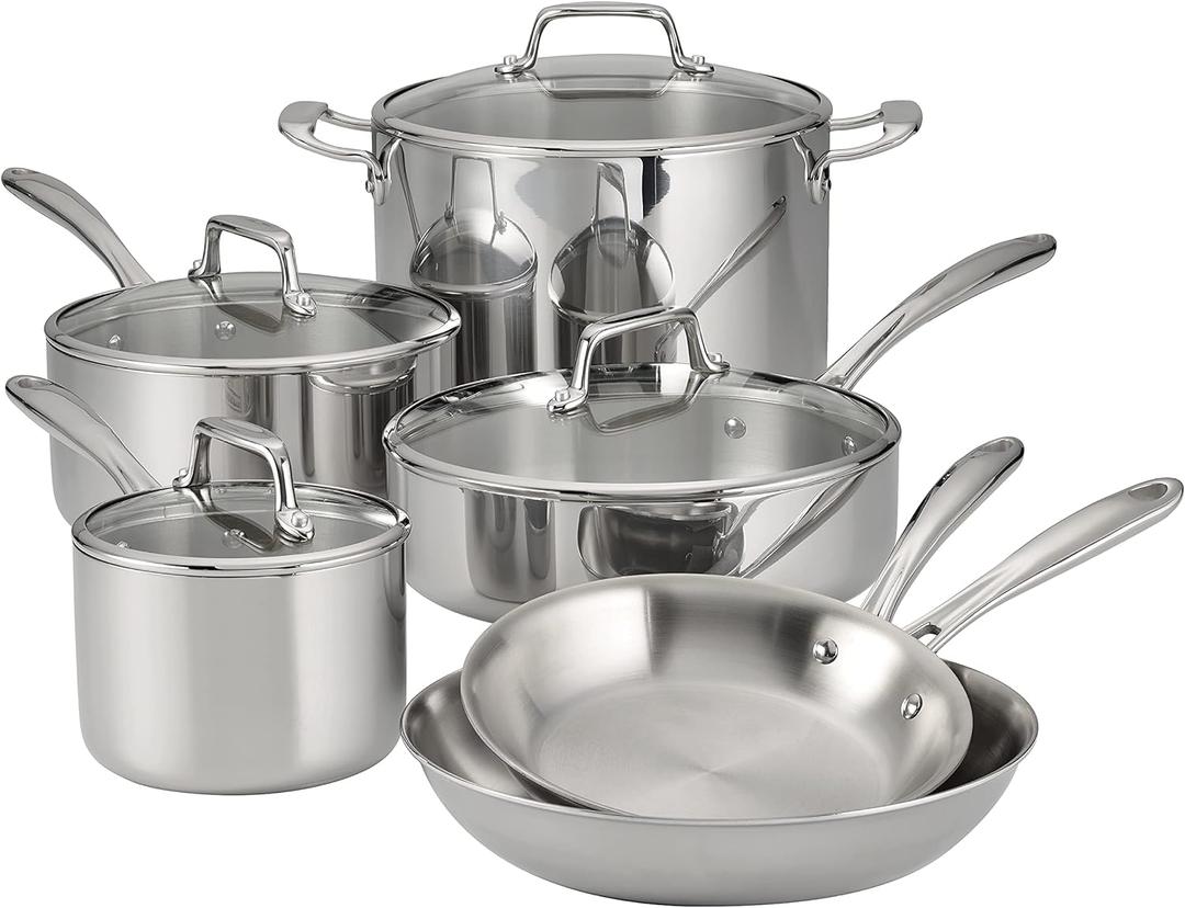 Tramontina Tri-Ply Clad Stainless Steel 10-Piece Cookware Set with Glass Lids, Pots and Pans Kitchen Set, Induction-Ready, Dishwasher-Safe, NSF-Certified, Made in Brazil