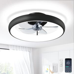 Fivesun Ceiling Fans with Lights and Remote, 20" Modern Low Profile Ceiling Fan with Light, 2700K-7000K Stepless Dimming Fandelier Flush Mount Led Fan Light and 6 Wind Speeds for Bedroom(Black)