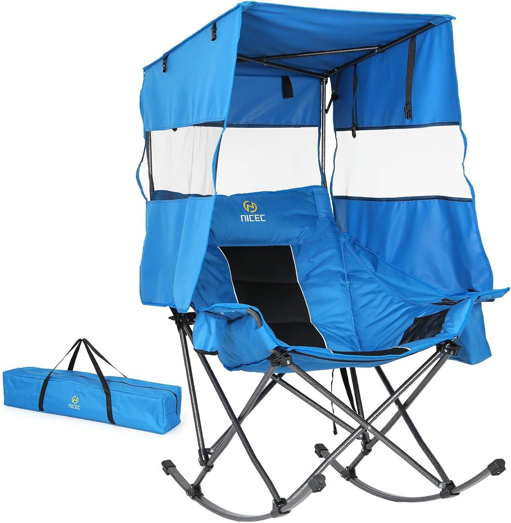 Nice C Rocking Camping Chair with Canopy, XL Oversized Folding Rocker for Adult, Outdoor Umbrella Chair with Shade, Cup Holder, Cooler Bag, Carry Bag, for Sports, Patio, Backyard (1 Pack, Blue)