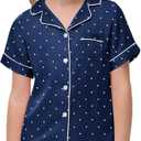 Veseacky Classic Silk Nightwear for Little Girls Notch Collar Button Down Satin 2 Piece Pajama Set (Navy Blue Dots,size 6)