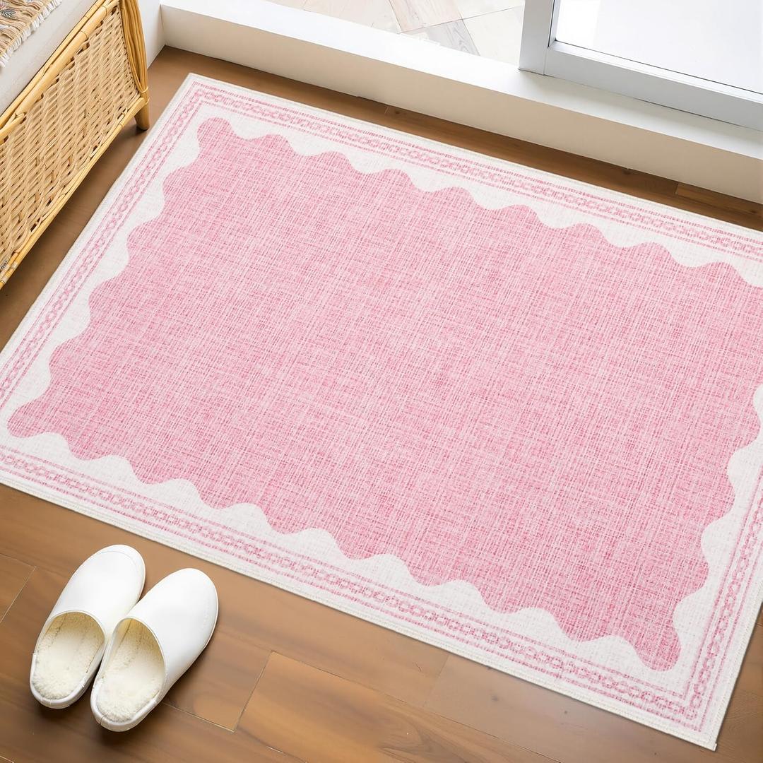 GarveeHome Door Mat Indoor Rugs for Entryway Small Rug 2x3 Washable Non-Slip Solid Pink Modern Minimalism Low-Pile Scalloped Throw Carpet for Girls Bedroom Kitchen Bathroom Entrance