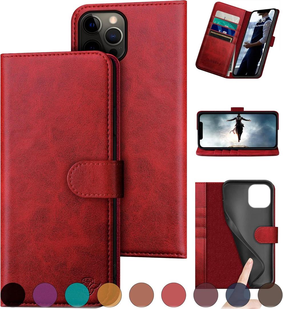 DuckSky for iPhone 12/12 Pro 6.1" Genuine Leather Wallet case RFID Blocking4 Credit Card HolderReal Leather Flip Folio Book Phone case Protective Cover Women Men for Apple 12 case Red