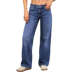 ELLEVEN Women's Low-Rise Baggy Jeans, High Stretchy Y2K Wide Leg Jeans Boyfriend Straight Leg Denim Pants (6, Dark Blue Denim)
