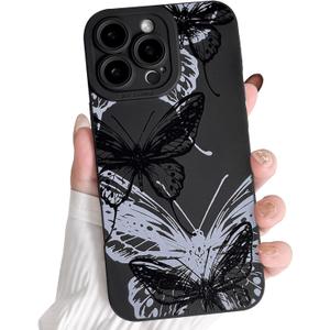 NITITOP Compatible with iPhone 16 Pro Max Case Cute Aesthetic Butterfly Pattern for Women Girls Soft TPU Shockproof Stylish Full Camera Protective Phone Cover - Black White