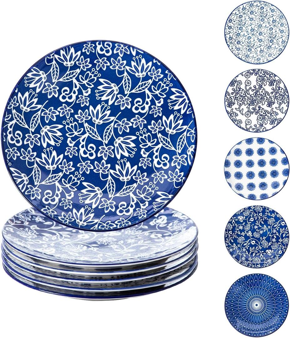 Ceramic Salad Plates Set - 8.5 Inch Kitchen Small Round Dinner - Scratch Resistant Porcelain Microwave Oven Dishwasher Safe - Dishes for Sandwich Dessert Appetizer - Set of 6 - Vintage Blue