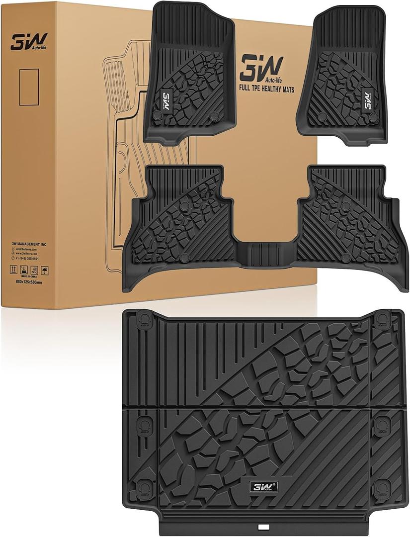 3W Floor Mats & Cargo Liner Custom Fit for Jeep Wrangler 4XE 2021-2025 2026 (Non JL/JK), All Weather TPE Rubber Heavy Duty Car Liner Trunk Mat Wrangler 4XE Accessories (Hybrid & 4 Door with Subwoofer)