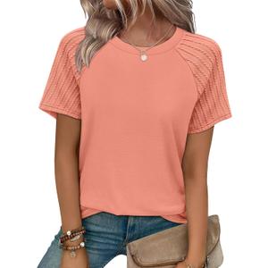 WIHOLL Short Sleeve T Shirts for Women Oversized Summer Tops Fashion Pleating Beach Vacation Clothes Plus Size Women's Clothing Coral L