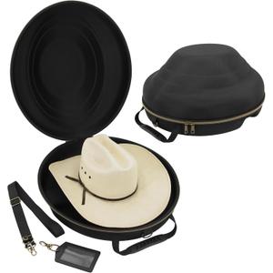 CASEMATIX Cowboy Hat Box and Portable Storage for Brims Up To 4.75'' - Hard Shell Case with Adjustable Carry Strap, Luggage ID Slot Foam Insert Dipping Brim Hats, Black, 18'' x 16'' x 8.3''
