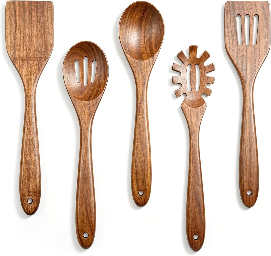 Solidith Acacia Wooden Spoons for Cooking, 5-Piece Wooden Kitchen Utensil Set with Spatula, Slotted Spoon & Pasta Fork, Non-Stick Safe Cooking Utensils, Durable Natural Wood Kitchen Tools Gift Set