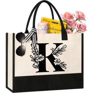 Tecanne Personalized Initial Canvas Tote Bag, Suitable for Birthday, Wedding, Beach, Holiday, Gifts for Women, Mom, Teachers, Nurses, Best Friends, Bridesmaids (K)