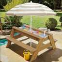 Kids 3-in-1 Sand & Water Table, Wood Outdoor Convertible Picnic Table w/Umbrella, 2 Trays, Removable Top with Faucet, Picnic Table for Outdoor Playset (Natural/Brown)