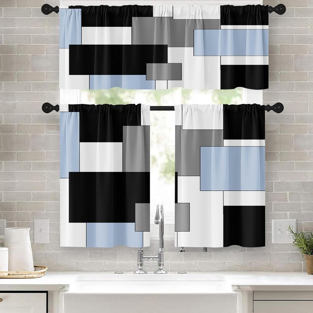 Sky Blue Kitchen Window Curtains Valance and Tier Set 36 Inch, Black Grey White Modern Rod Pocket Short Tier Curtain for Bathroom, Abstract Art Small Cafe Drapes for Decor, Size: 52"W x 36"L