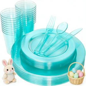 WDF 25 Guest Green Plastic Plates with Disposable Silverware&Green Cups-Neon Clear Plastic Dinnerware include 25 Dinner & Salad Plates,25 Forks, 25 Knives, 25 Spoons,25 Cups for Party