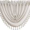 Central Park Linen Waterfall Valance Window Curtain Linen Texture White GEO Embroidery Rod Pocket for Living and Bedroom Semi Sheer Kitchen Curtain, 56"x38", 1 Piece Linen (Embroidered)