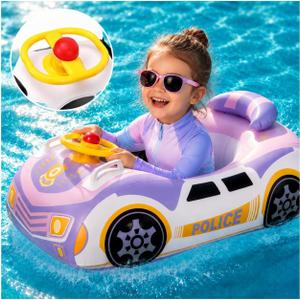 Toddler Pool Float Car with Steering Wheel No Flip Baby Pool Float with Seat&Backrest,Thick PVC Inflatable Police Car Baby Swim Float Kids Boat Float for 12-24 Months, Age 2-3, 3+ Years