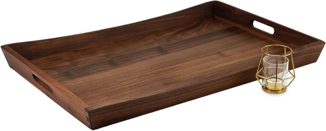 28 x 18 Inches Large Rectangle Curved Black Walnut Wood Ottoman Tray with Handles, Serve Tea, Coffee, Classic Wooden Decorative Serving Tray