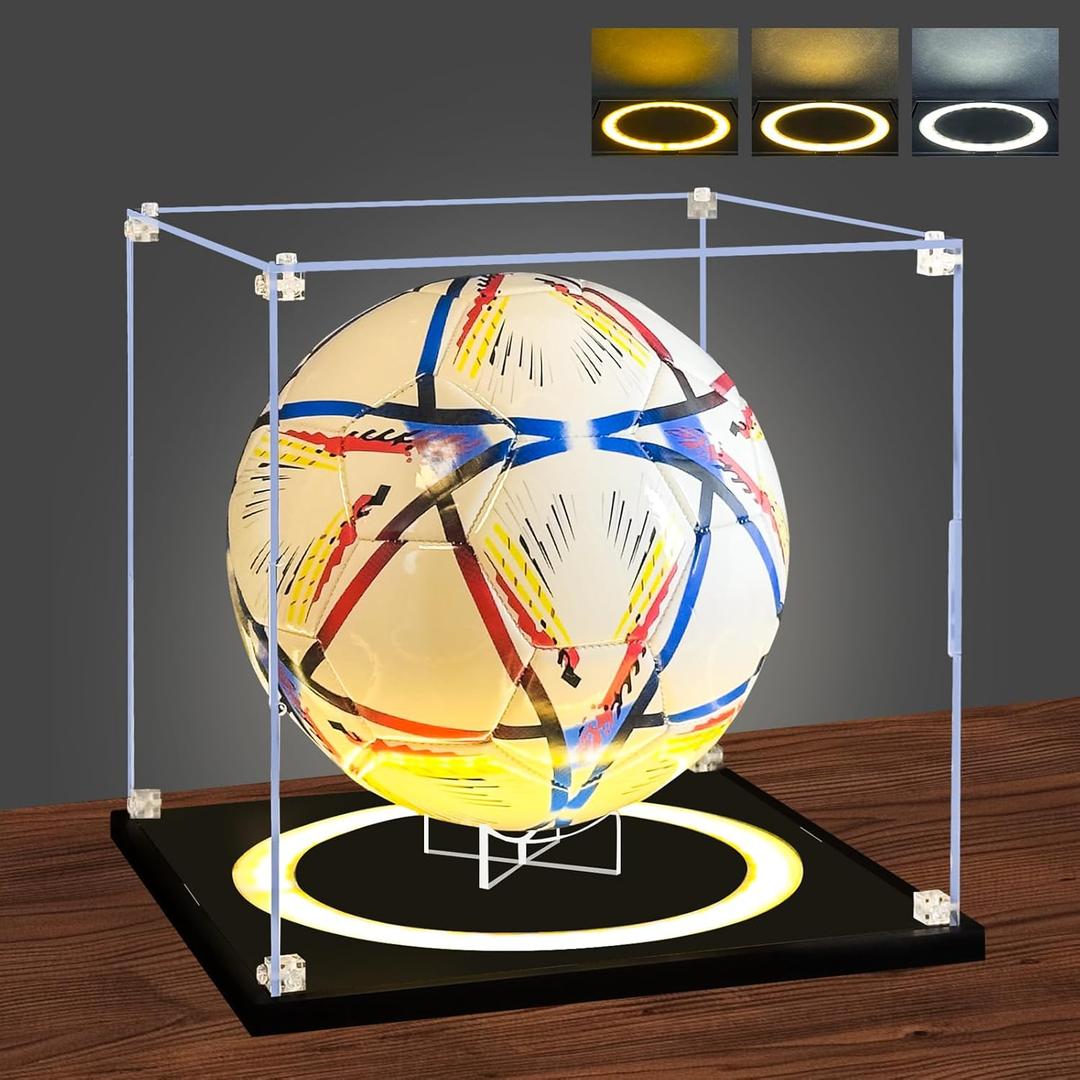Soccer Display Case with Light,Full Size Acrylic Box with Removable Built-in Ball Display Stand, UV Protected Clear Case for Soccer Fans & Collectors, Sports Collectibles