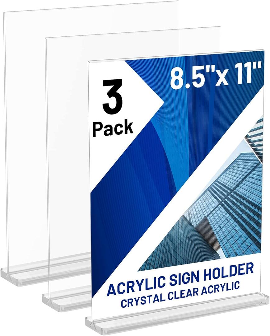 Acrylic Sign Holder 8.5 x 11 Inch Vertical T Shape Display Stand Double-Sided Desktop Clear Sign Holders Paper Holder Table Menu Holders Plastic Sign Stand for Home, Office, Restaurants, Store 3-Pack