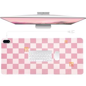 Konohan Heated Large Desk Mat PU Leather Cute Warm Mouse Pad with 5 Heating Level & 4 Hour Auto Shut-Off Heating Keyboard Pad Warmer Gaming Mice Mat Only Supports 110v(Pink Checkerboard, 31.5" X 13")
