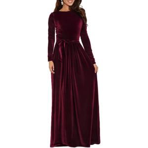 Women's Velvet Maxi Dress Crew Neck Long Sleeve High Waist with Belt Cocktail Party Bridesmaid Dresses Burgundy XL