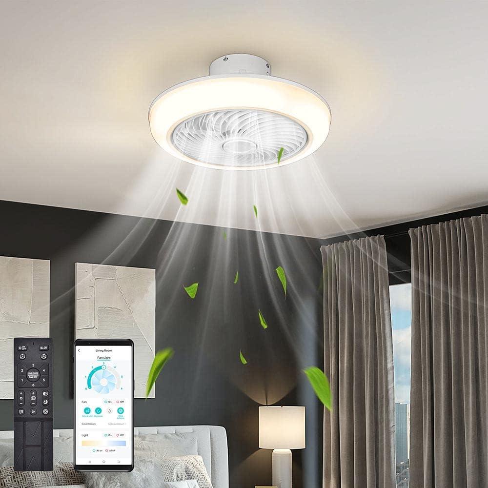 DELight 18" Ceiling Fan with Light, APP & Remote Control,3 Color Lighting Dimmable Timing,Low Profile 6 Wind Speeds Bladeless for Garage, Workshop, Basement,Bedroom, Living Room,Small Space,Kitchen (18 inch)