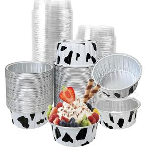 Cow Print Aluminum Foil Cups with Lids, 1.6 oz Heavy Duty Ramekins for Baking, Disposable Mini Cupcake Containers for Farm Theme Party, Rustic Wedding, Baby Shower