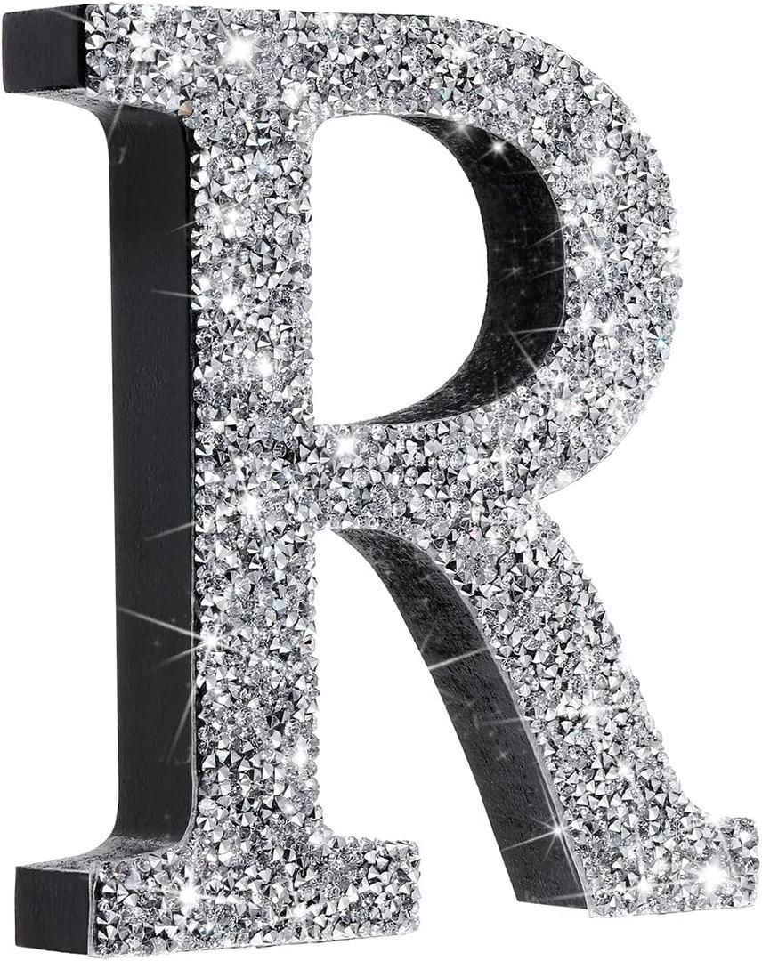 Qunclay Silver Crystal Diamond Bling Letters Crushed Diamond Decoration Wooden Glitter Letter with Screw and Hooks Rhinestone Gift for Valentine Y2k Mcbling Bedroom Wall Decor(Letter R,5.7"l X 5.7"w)