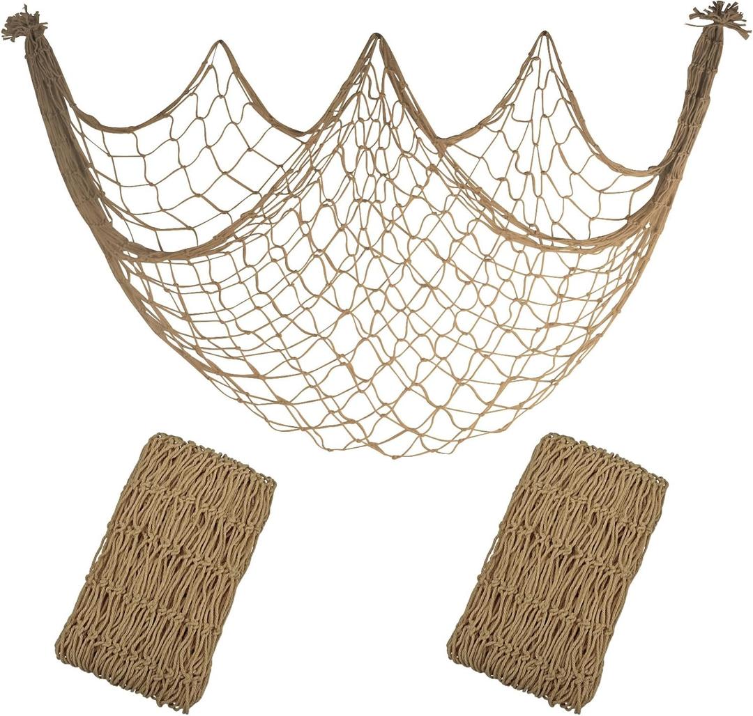 2 Pack Fish Net Decorations - 80x40 Inch Brown Fishing Net Decor for Under The Sea Hawaiian Beach Themed Party, 3mm Thick Natural Cotton Versatile Nautical Netting for Party Wall Table Ceiling Decor (Caramel)