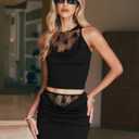 CSDAJIO 2 Piece Outfits for Women Sleeveless Lace Shirt Draped Cowl Neck Tank Top and Ruched Bodycon Mini Skirt Sets (Black, S)