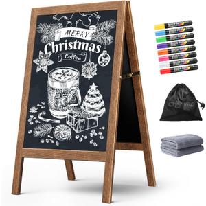 Chezerra A Frame Chalkboard Sign, 40"x20" Extra Large Sidewalk Chalk Board, Wooden Standing Chalk Boards Set with Markers, Double-Sided Magnetic Blackboard for Cafes, Weddings, Party Guide, Brown