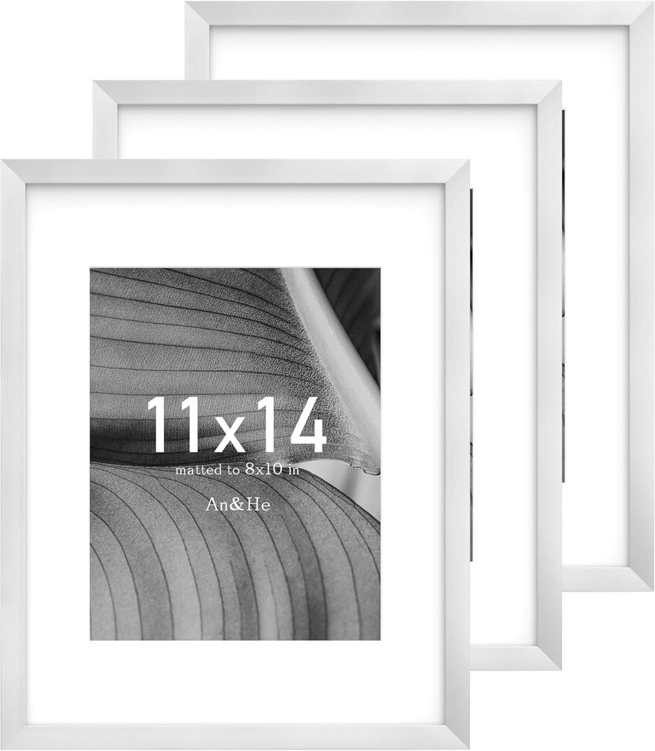 An&He 11x14 Picture Frame, Silver Photo Frame for Tabletop and Wall Display, Minimalist Design, Set of 3